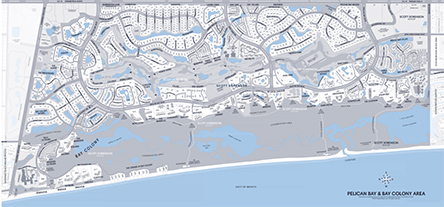 Real Estate Map of Pelican BayNaples, Florida showing Pelican Bay condominium names, home property addreses and streets in Pelican Bay